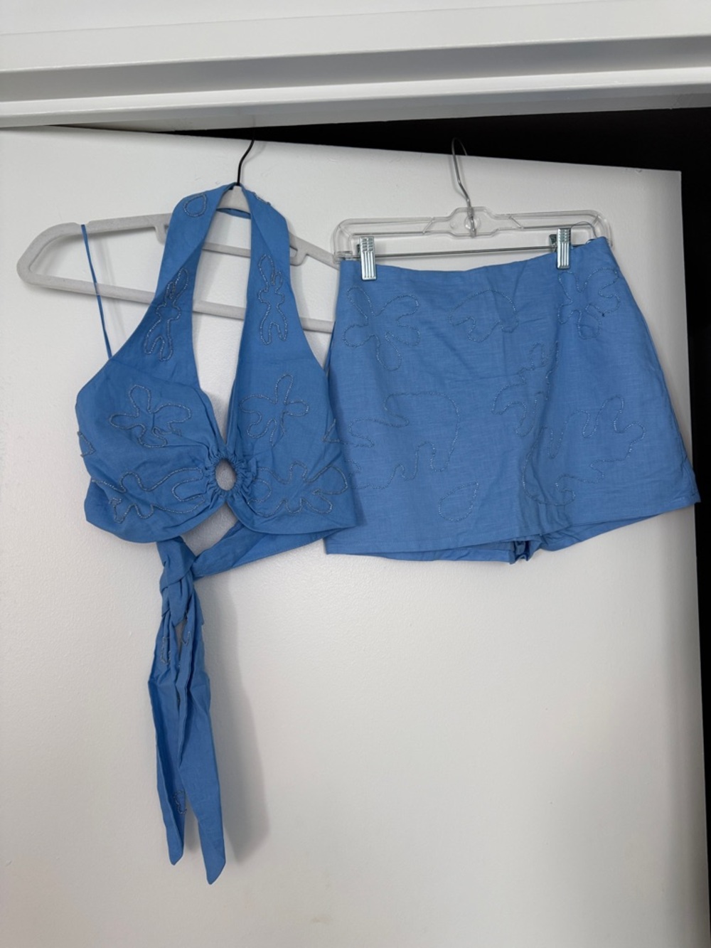 Blue Embroidered Halter Top & Matching Skort Set